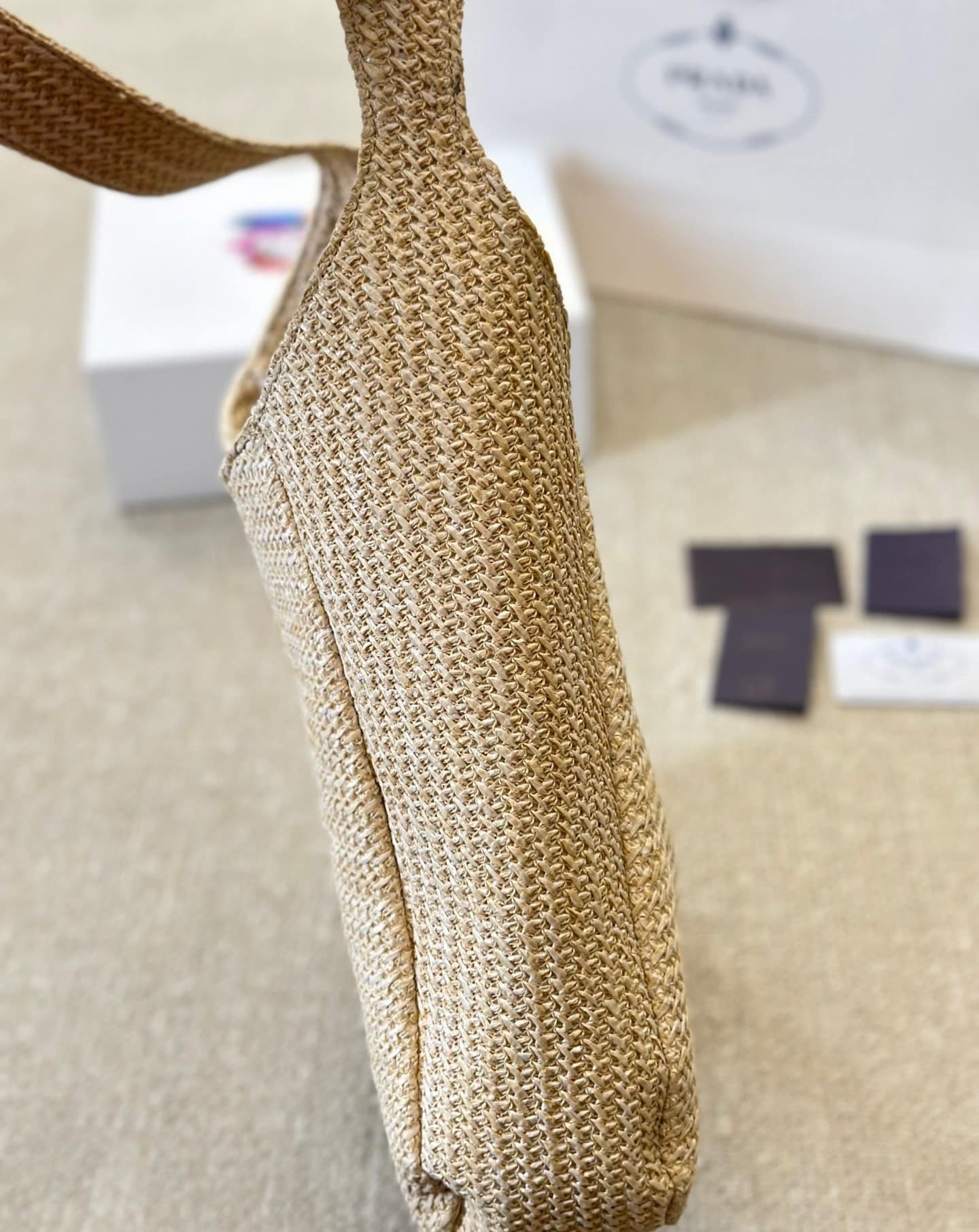 Prada Logo Embossed Raffia Shoulder Bag Beige 33Cm