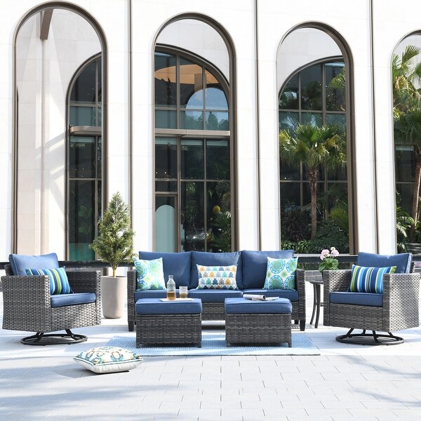 OVIOS 6piece Wicker Sectional Sofa Swivel Rocking Chair Set