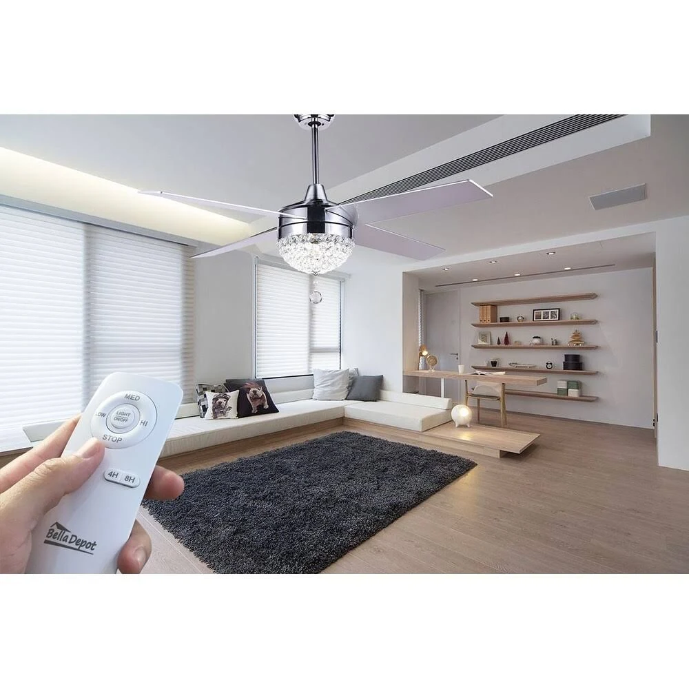 42x22 Modern Crystal Ceiling Fan with LED Light and Remote, Reversible - White