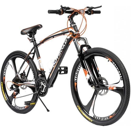 Mountain Bike 26 Inches 21 Speed Suspension Fork Anti-Slip Bicycle with Dual Disc Brake and High Carbon Steel Frame for Men and Women, Orange