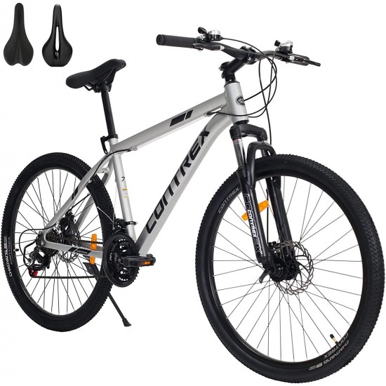 Mountain Bike 26 Inch Wheels 21 Speed Aluminum Frame Trail Bicycle with Suspension Multiple Colors Double Disc Brake, Cycling Sports Bicycle with 2PCS Seat Lightweight for Man&Woman Youth&Adult