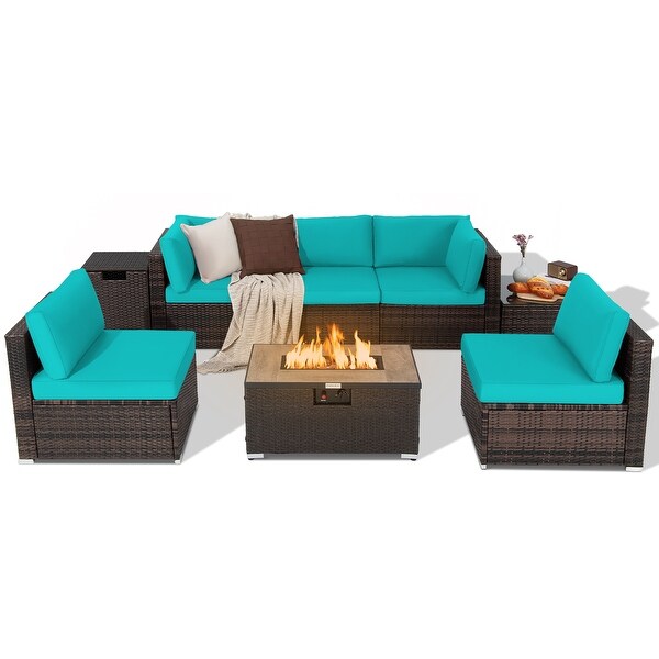 Costway 8PCS Patio Rattan Furniture Set Fire Pit Table Tank Holder