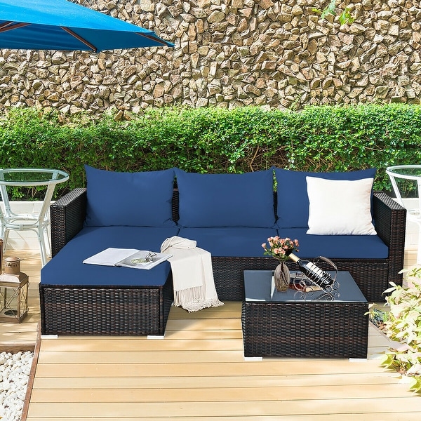 5PCS Patio Rattan Furniture Set Sectional Conversation Sofa w/ Coffee