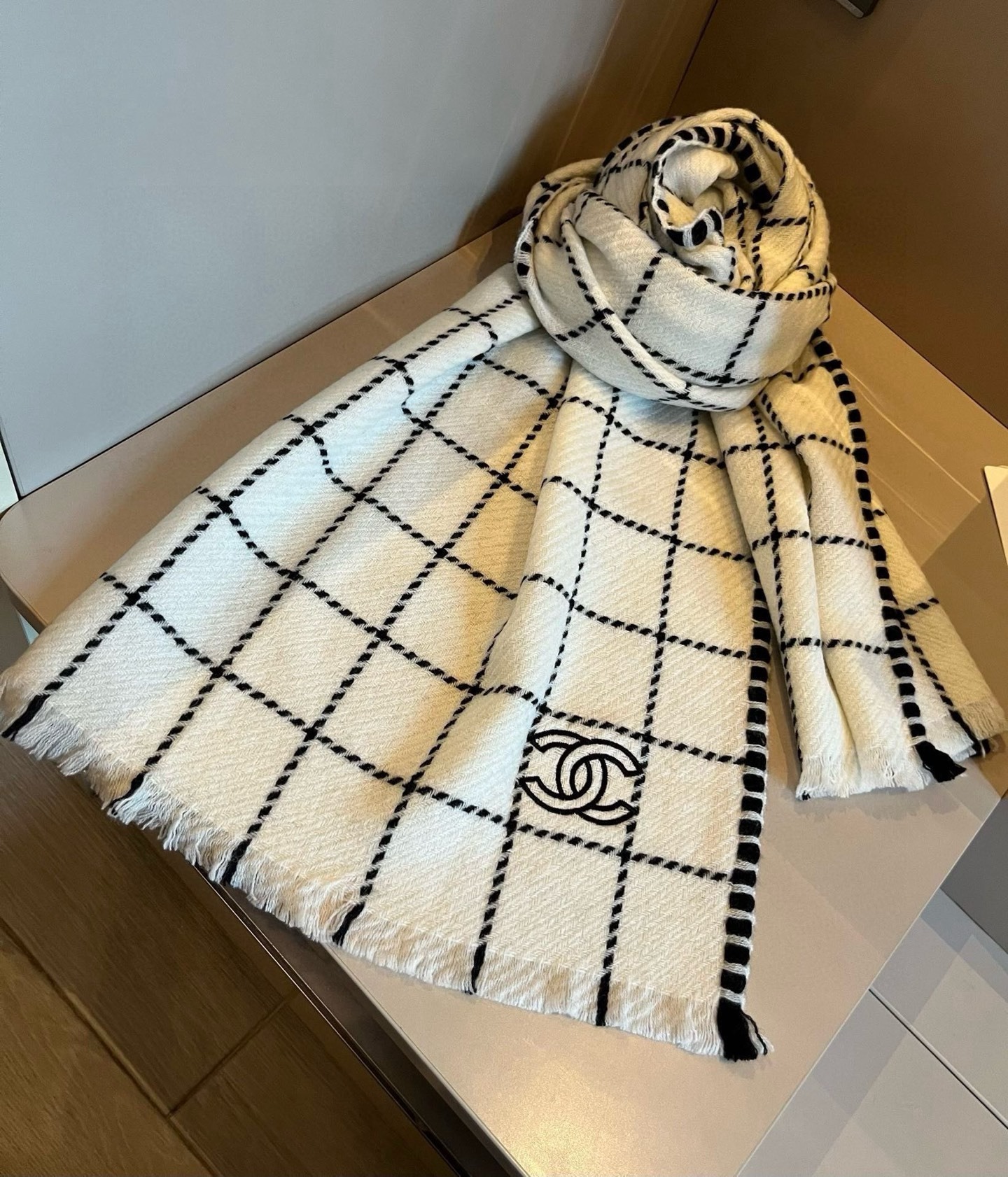 Chanel Cashmere Scarf Checkered White For Women 185cm