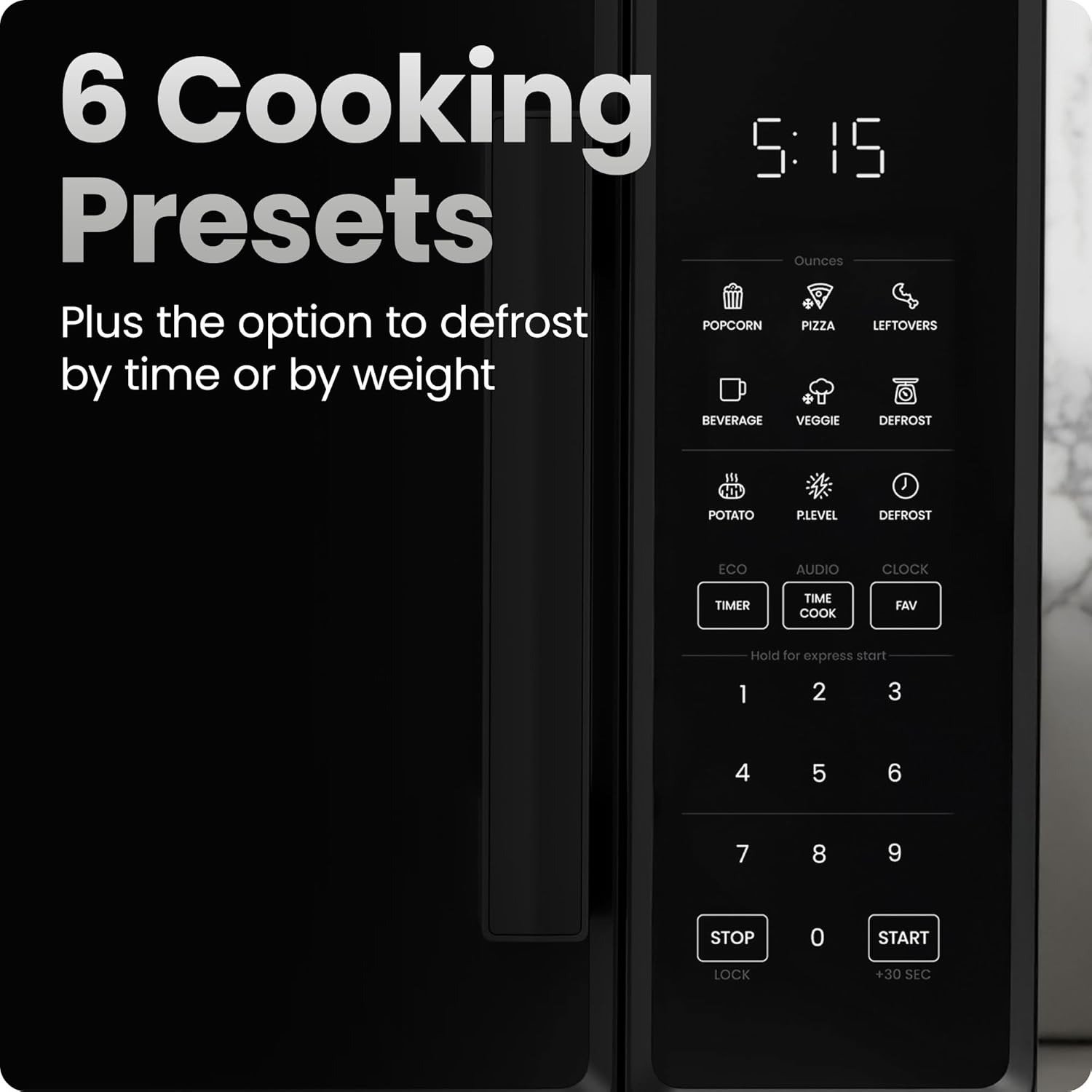 Countertop Microwave Oven 1.1 Cu. Ft., 1000 Watts with 10 Power Levels, 6 Cooking Presets with One-Touch Express Cook, Eco Mode, Child Safety Lock, & Mute Button – Black