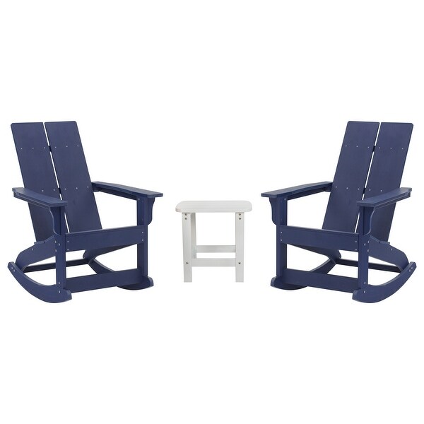 2 Modern Dual Slat Poly Resin Adirondack Rocking Chairs with Side Table