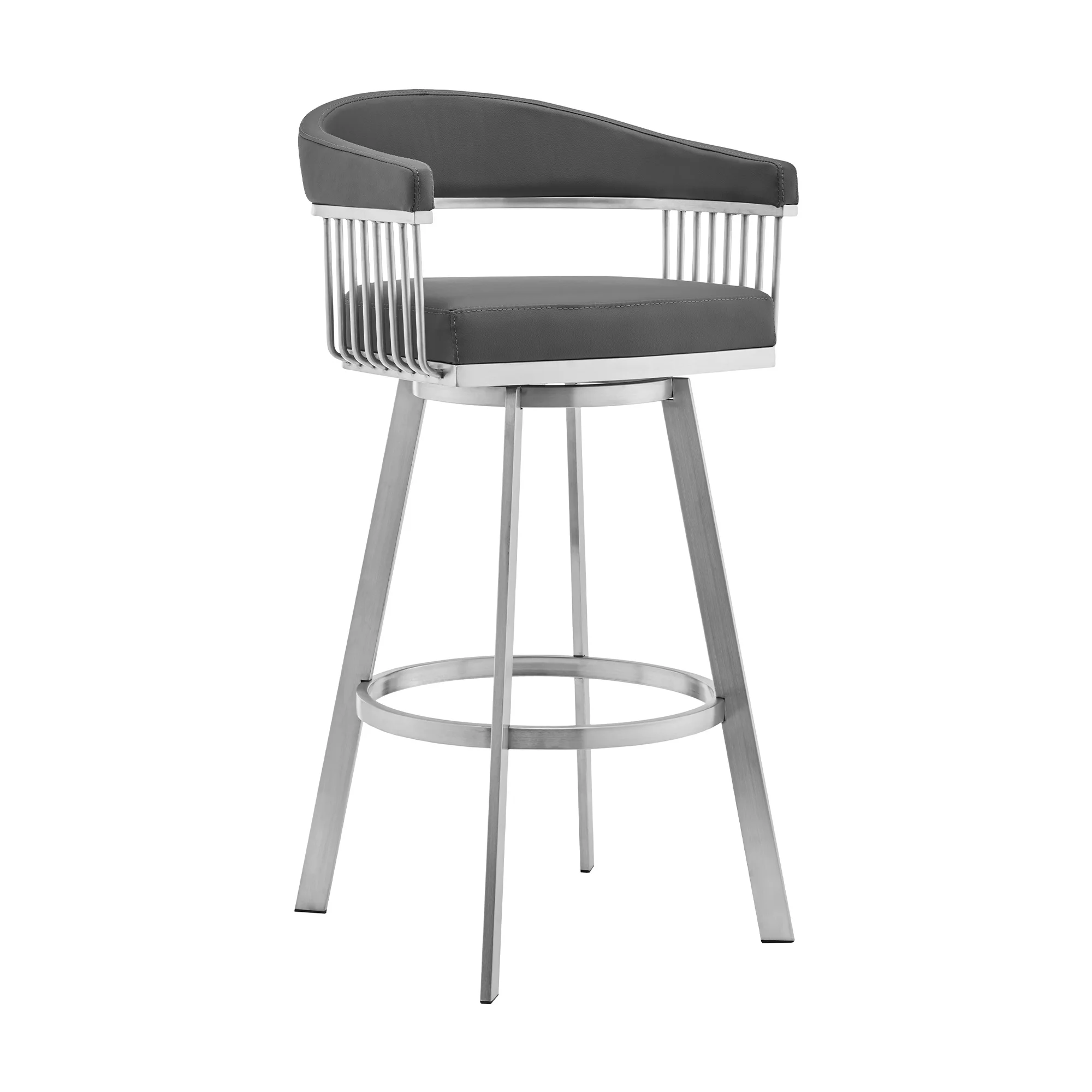 Armen Living Naomi and Chelsea 3-Piece Counter Height Dining Set in Brushed Stainless Steel and Grey Faux Leather