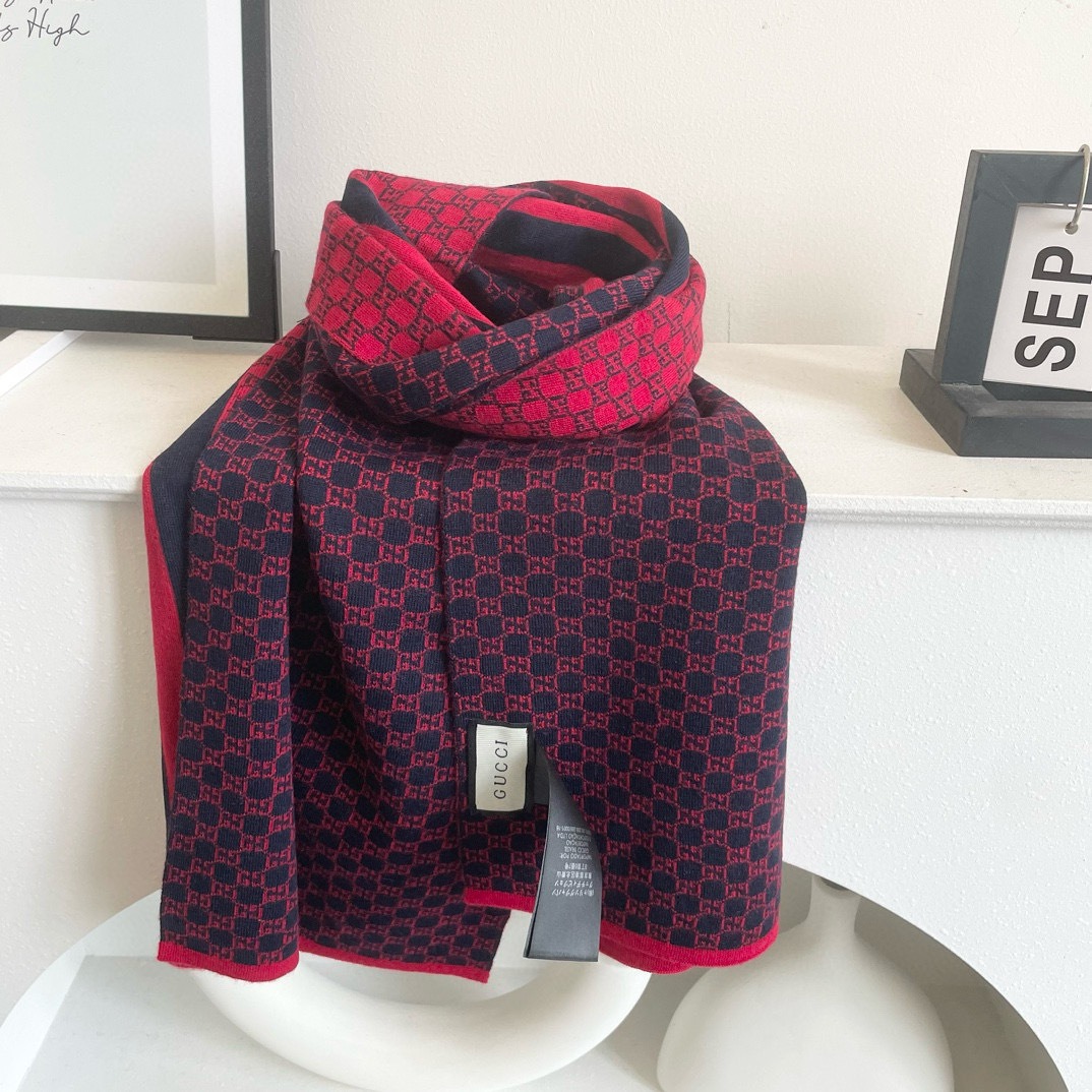 Gucci Cashmere Scarf Pattern Red Navy For Women 180cm