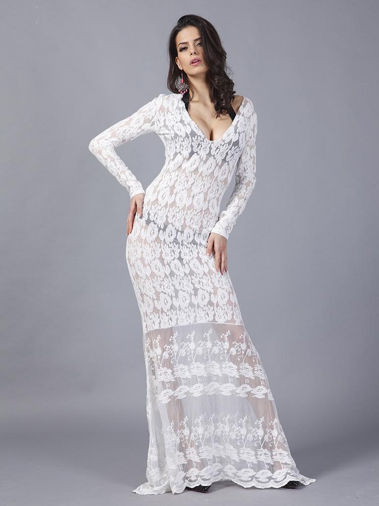 Sheer Lace Maxi Dress | Long Sleeve Evening GownClistos