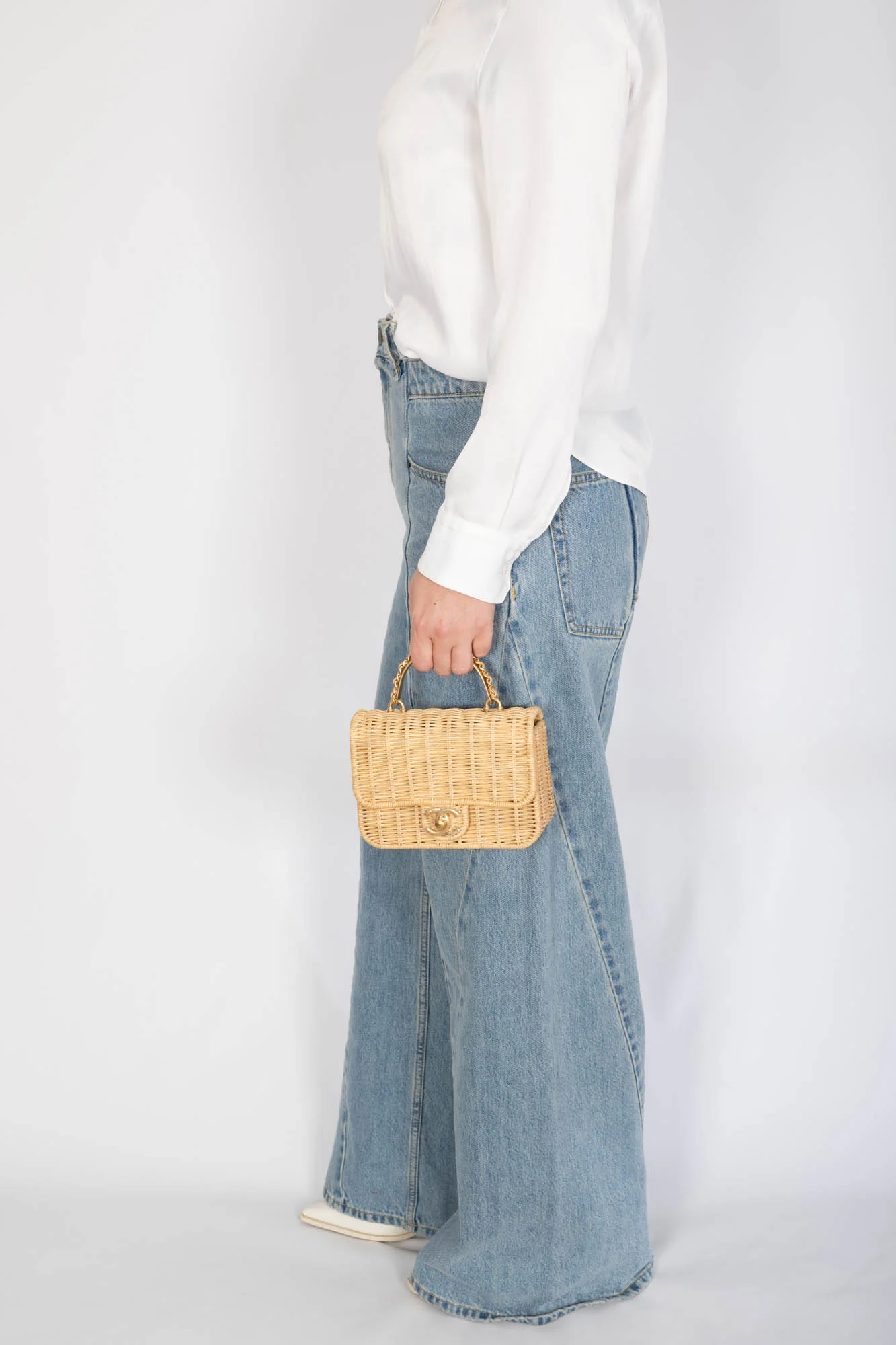 Chanel Mini Flap Bag with Top Handle Beige Braided Rattan Gold-Tone Hardware