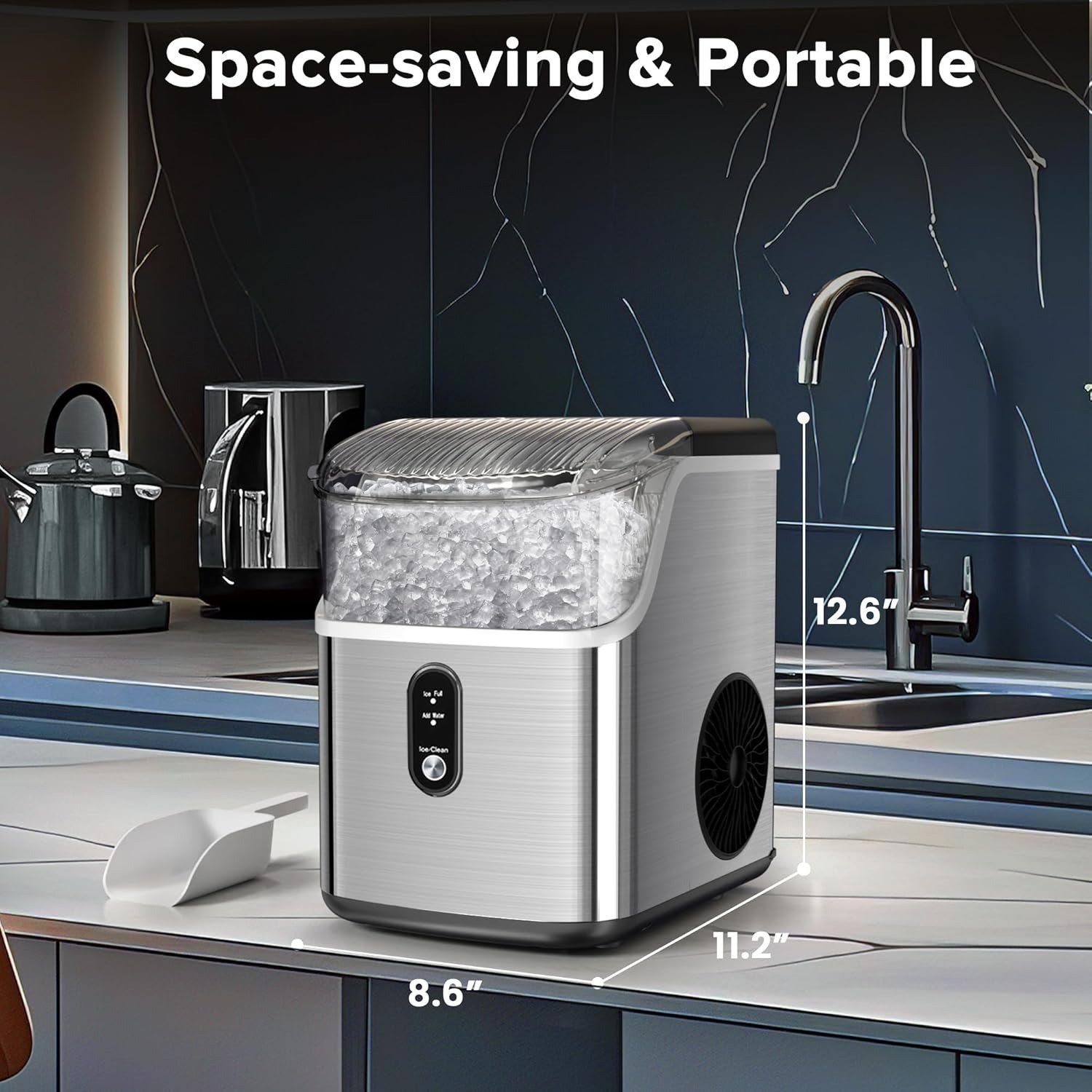 Electactic Countertop Nugget Ice Maker Pro – 34lbs/24H, Self-Cleaning Pellet Ice Machine with Soft Chewable Ice, One-Touch Operation for Home, Kitchen, Office (Silver)