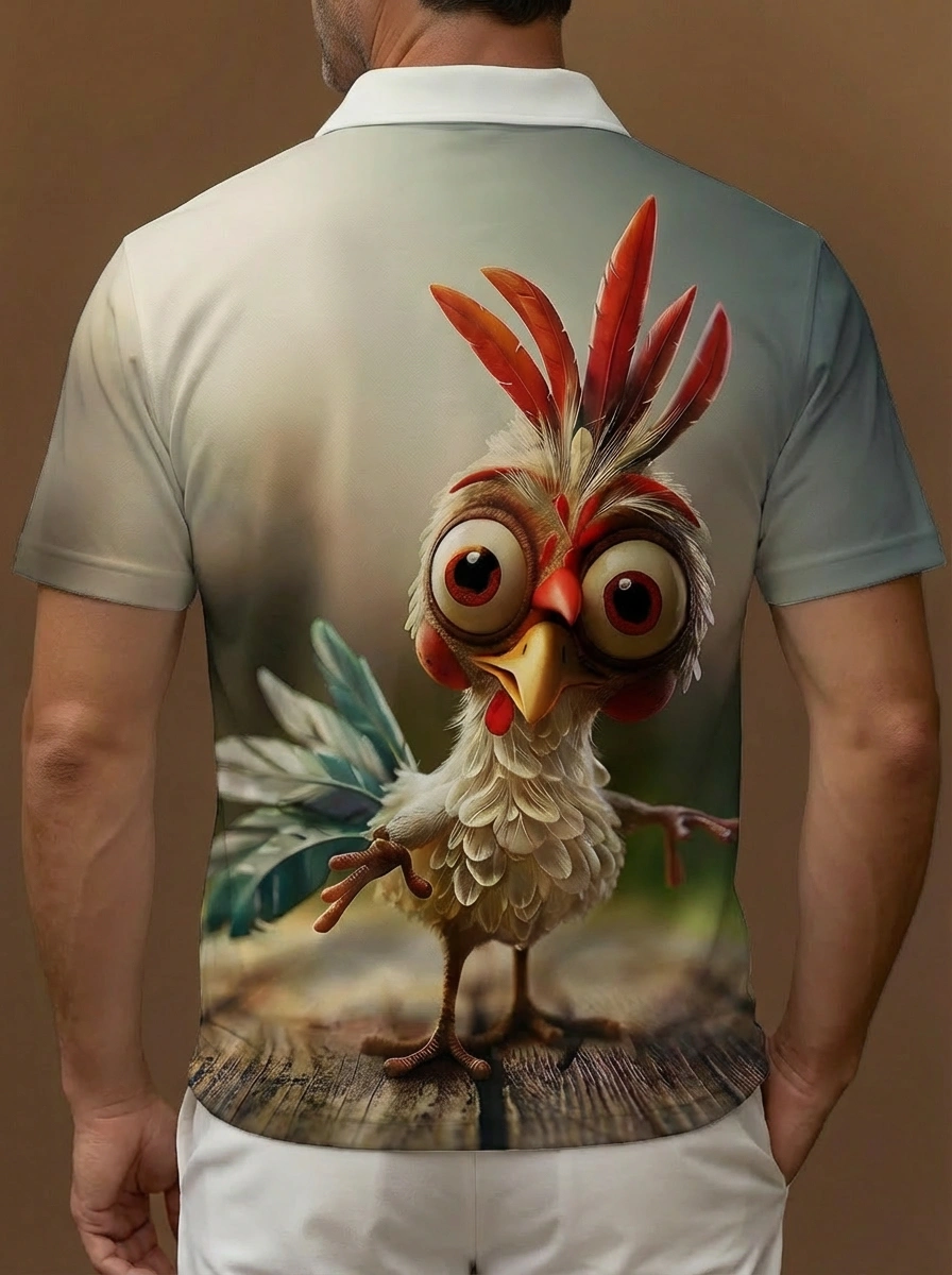Light Grey Red White Cartoon Rooster Pattern Button Short Sleeve Golf Polo Shirt