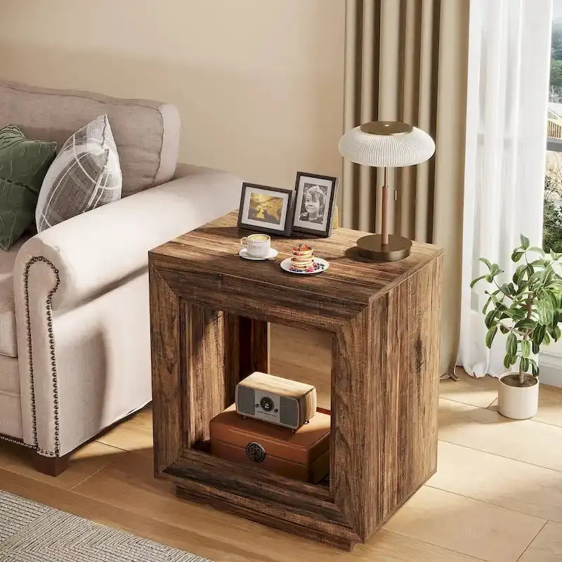 Walnut-Finish Wood End Table – Compact Nightstand with Built-In Storage for Bedroom or Living Space
