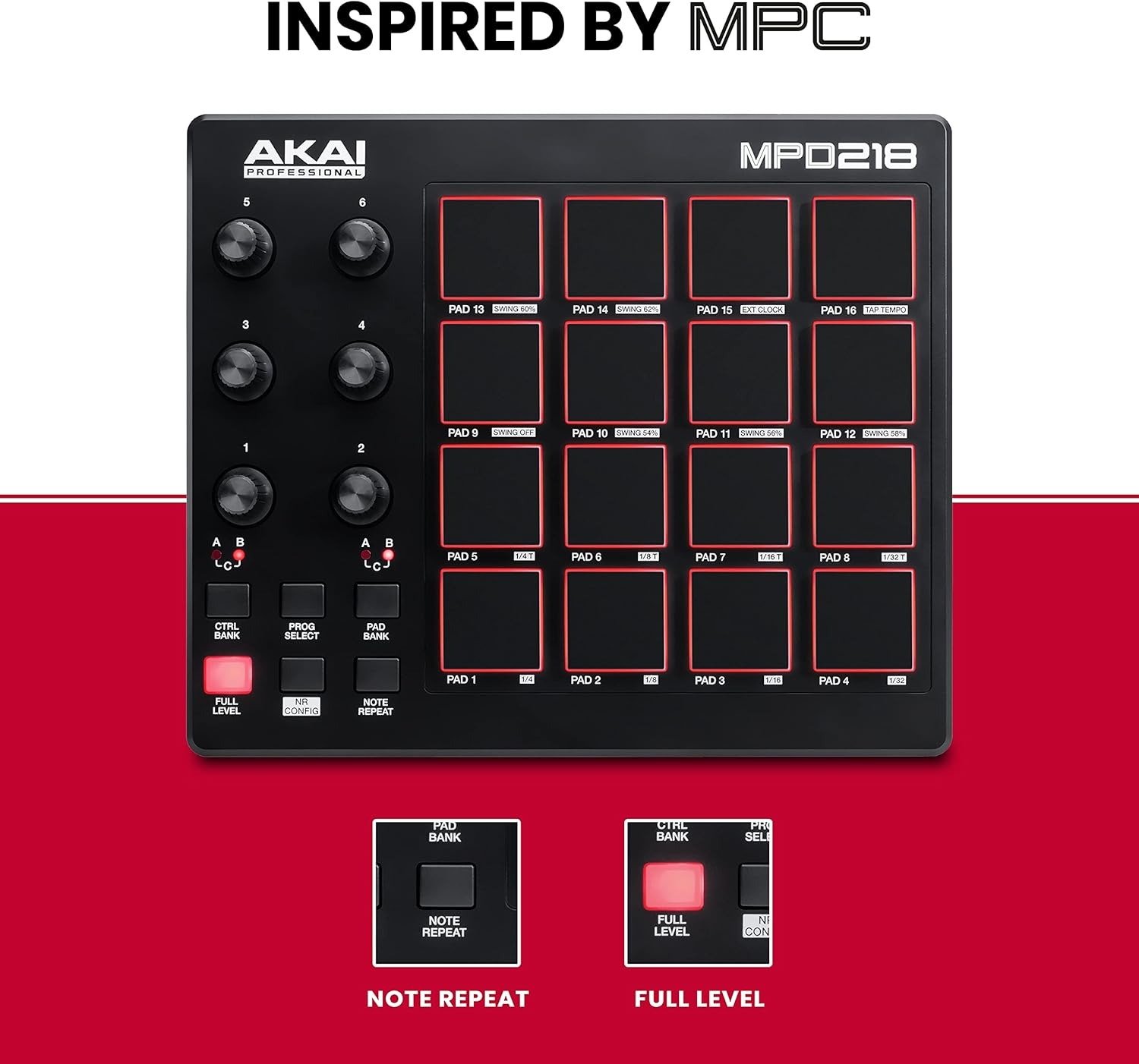 22-Key USB MIDI Controller with 16 MPC Drum Pads, 6 Assignable Knobs, Note Repeat and Full Level Buttons and Production Software