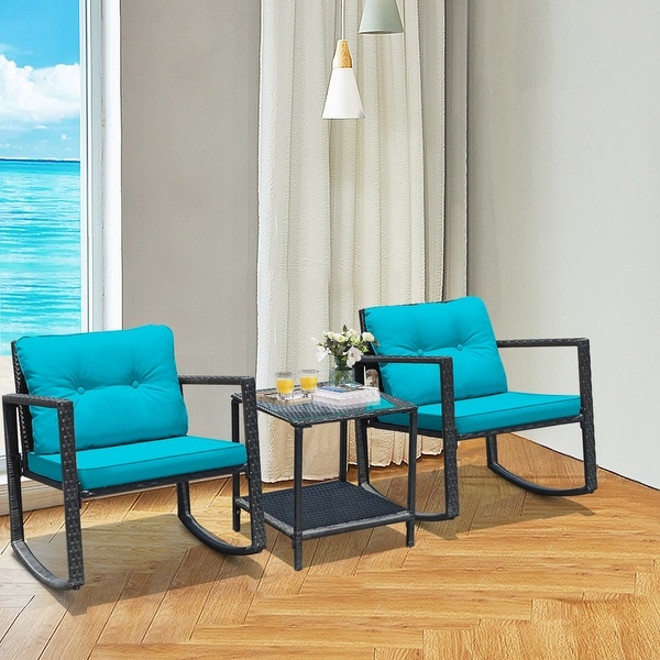 Gymax 3PCS Rattan Rocking Chair Table Set Patio Furniture Set w/ Blue