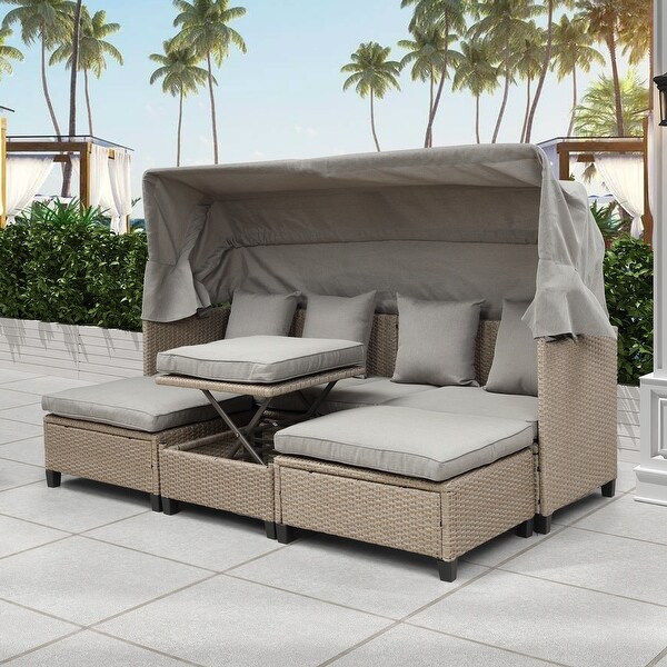 UVProof 4Piece Resin Wicker Patio Sofa Set Daybed Sunbed with Retractable Canopy and Adjustable Table
