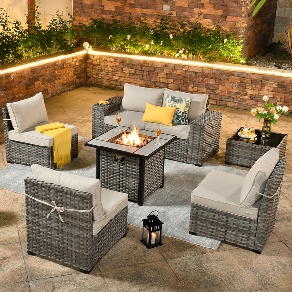 OVIOS Patio Wicker Furniture Wide Arm 7piece Fire Pit Set with Table