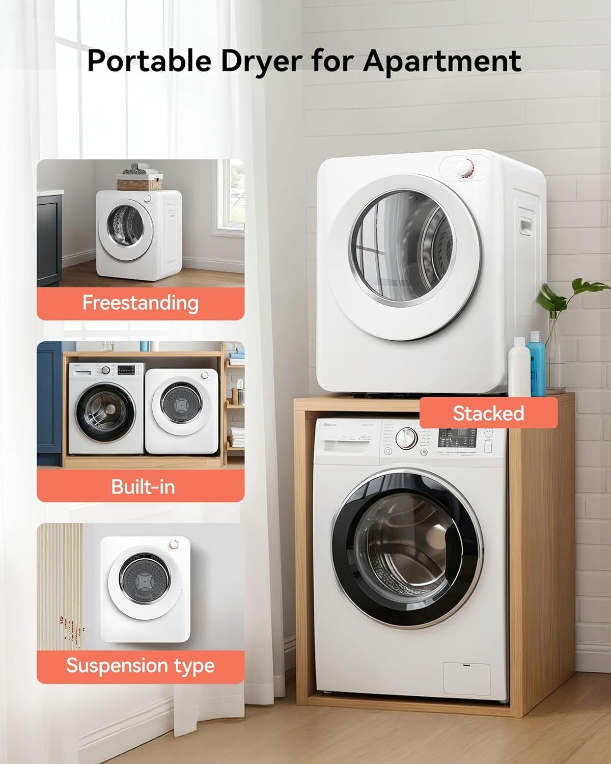 Portable Clothes Dryer, 1.5 Cu.Ft. Portable Dryer, 850W Drying Machine with Front-Loading Stainless Steel Drum, 5 Functions, Suitable for Apartments, Dorms, RVs, Small Spaces