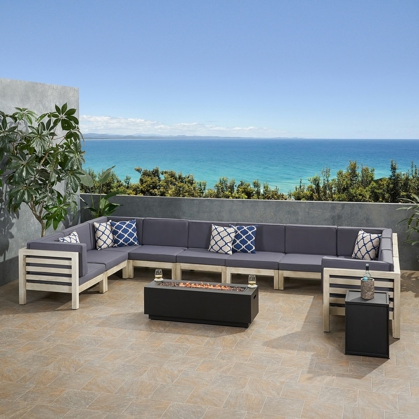 Malawi Outdoor 12 Piece UShaped Acacia Wood Sectional Sofa Set and Cushions with Fire Pit by Christopher Knight Home