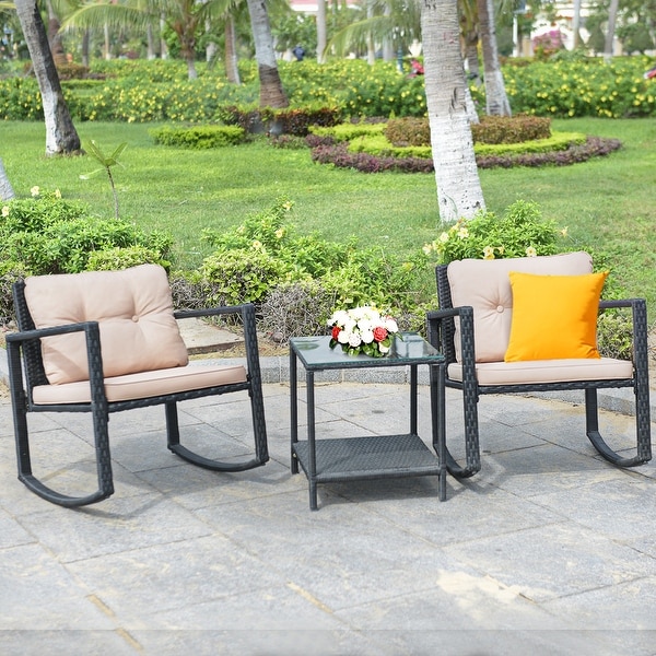 Costway 3PC Patio Rattan Conversation Set Rocking Chair Cushioned Sofa