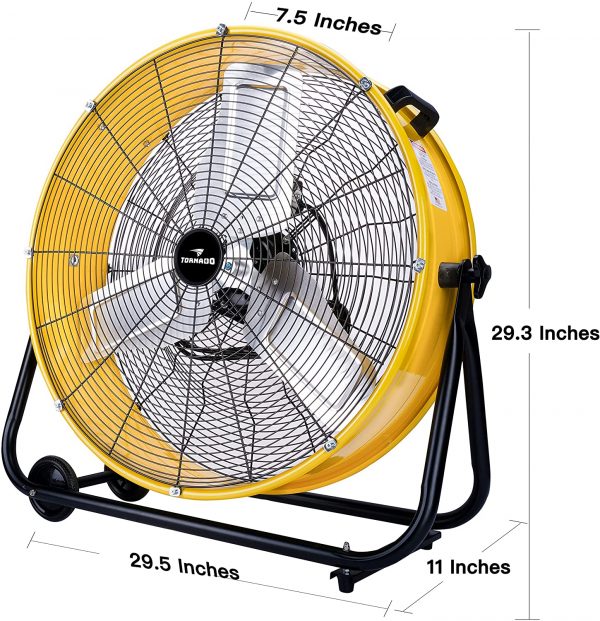 24 Inch Grade UL Listed High Velocity Movement Heavy Duty Drum 3 Speed Air Circulator Fan 7800 CFM Industrial, Commercial, Residential, and Greenhouse Use, Yellow