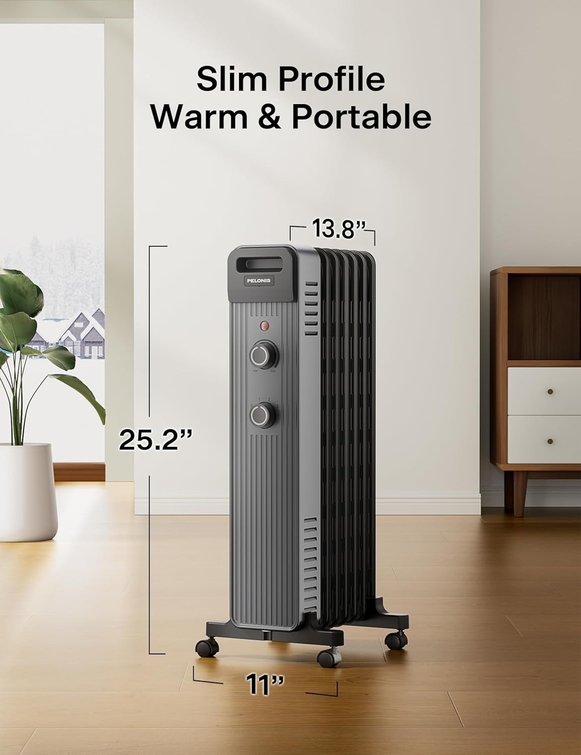 1500W Oil Filled Radiator Heater, 360° All-Around Heating for 250 Sq.Ft Large Space, 3 Modes with Thermostat for Indoor Home Office