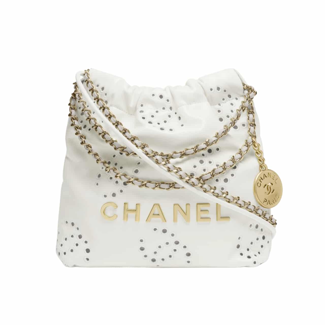 Chanel 22 Mini Handbag Shiny And Gold Tone Metal White 19cm/7.5in As3980 B19648 10601