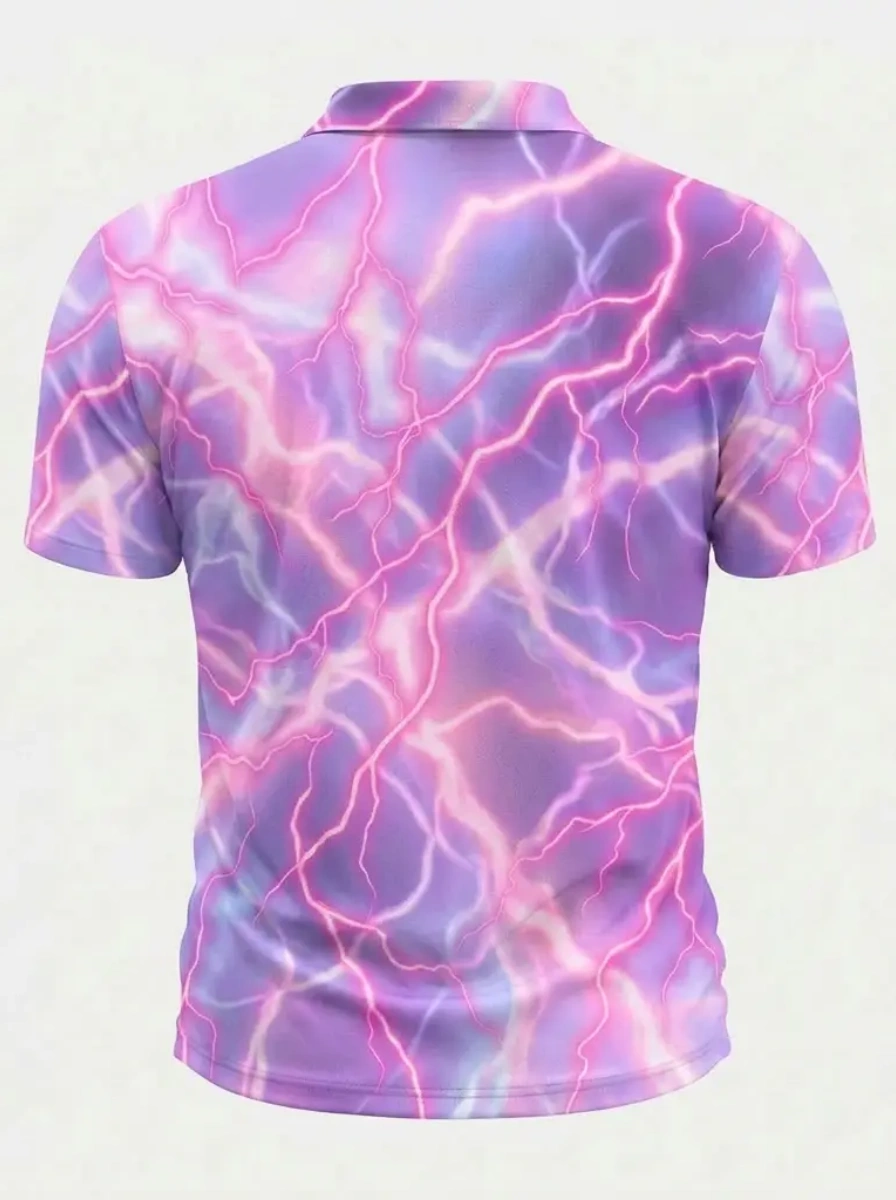 Moisture Wicking Golf Polo 3D Purple Pink Lightning Print Button Short Sleeve Golf Polo Shirt