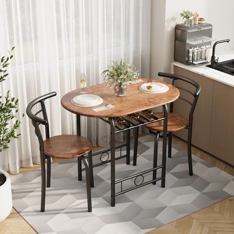 Shahoo 3-Piece Wooden Dining Table Set, Kitchen Breakfast Nook Sets with 2 Chairs & Round Tabletop, Space Saving Furniture Metal Frame and Built-in Wine Rack, Walnut