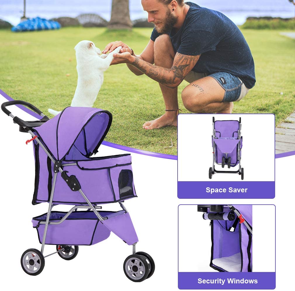 BestPet 3 Wheel Collapsible Pet Stroller,Purple