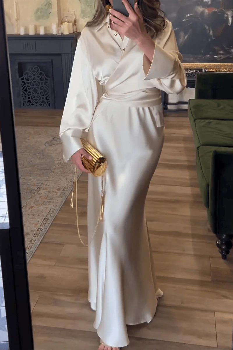 Elegant Satin Ruched Turndown Collar Two-Piece SetClistos