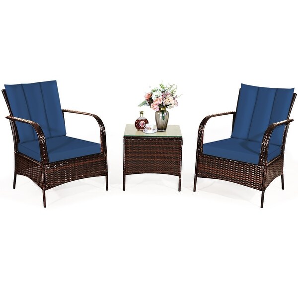 3 PCS Patio Furniture Set 2 Rattan Chairs and Glass Top Coffee Table