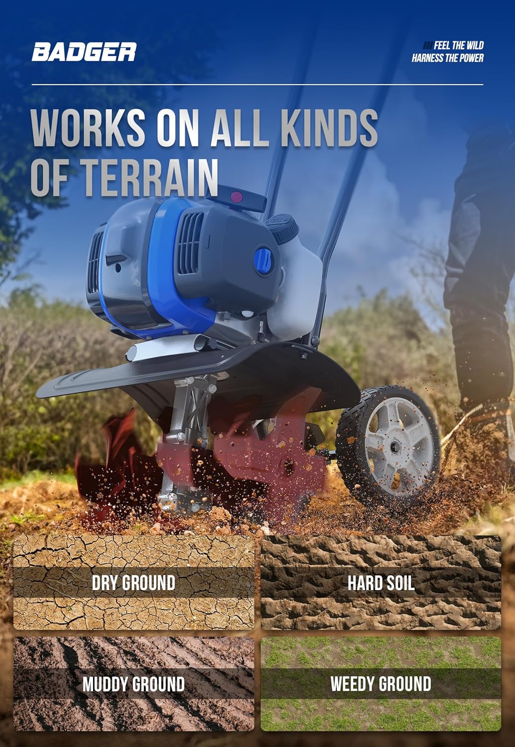 Garden Tiller 53cc Mini Cultivator 15 inch Powerful Liftable Booster Rod Tilling Tool for Lawn, Garden and Field Soil Cultivation