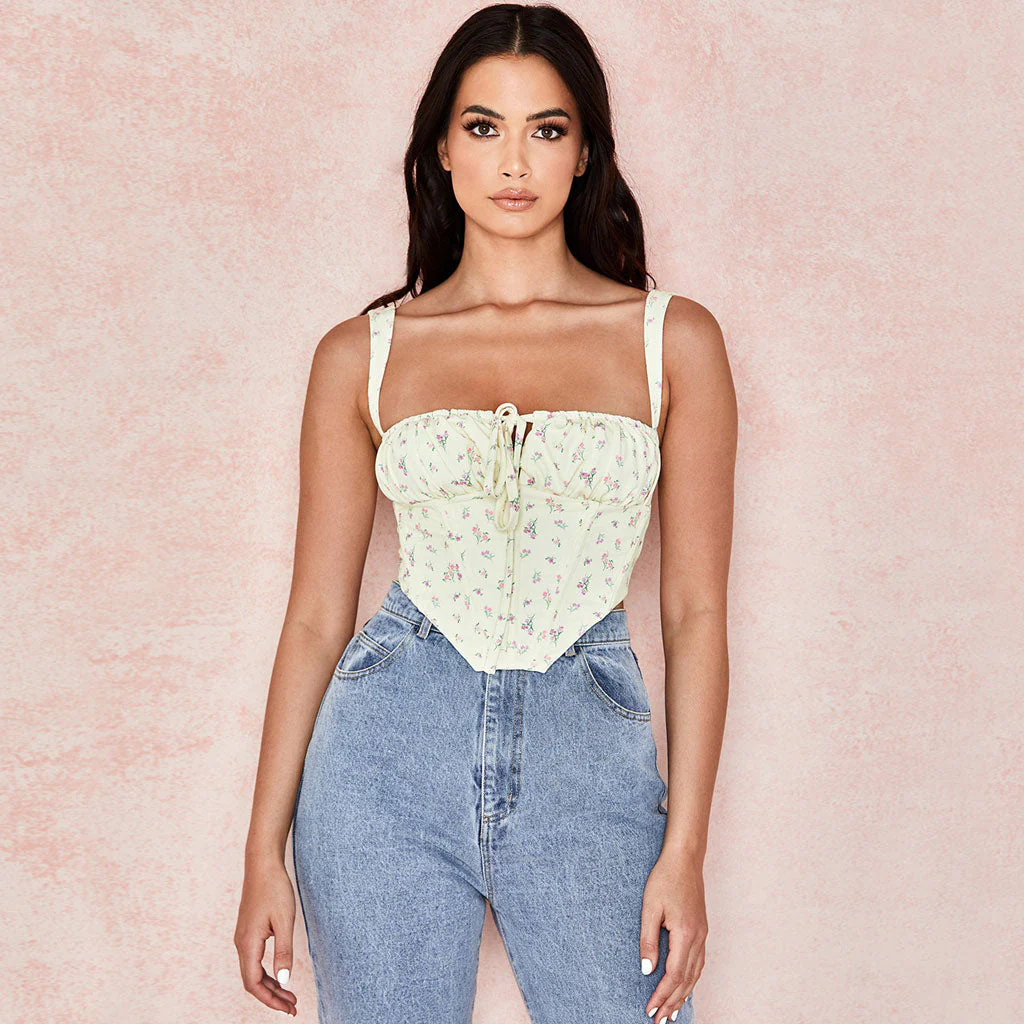 Floral Corset Top with Tie Front & Sweetheart NecklineClistos