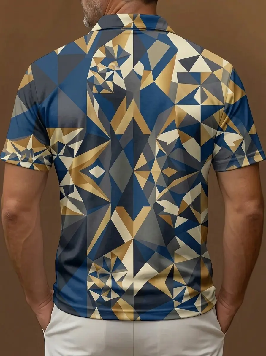 Blue Gold Grey Faceted Geometric Print Short Sleeve Golf Polo Shirt