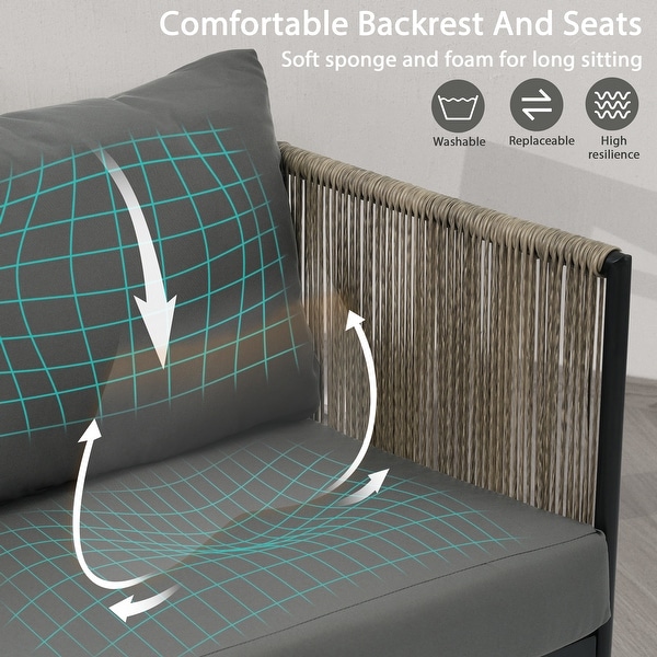 AllWeather Patio Furniture 4piece Rope Sofa Set with Thick Cushions and Toughened Glass Table