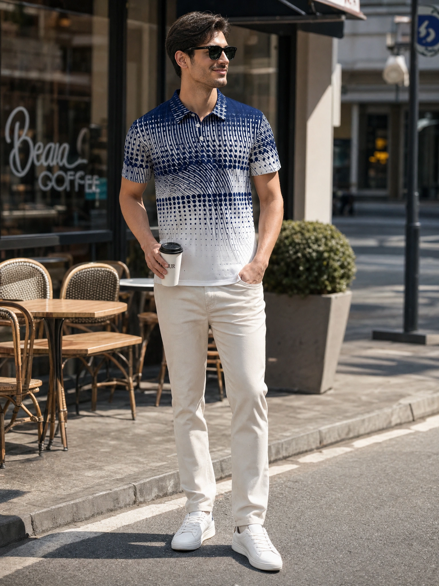 Moisture Wicking Golf Polo 3D Navy Blue White Geometric Dot Pattern Button Short Sleeve Golf Polo Shirt