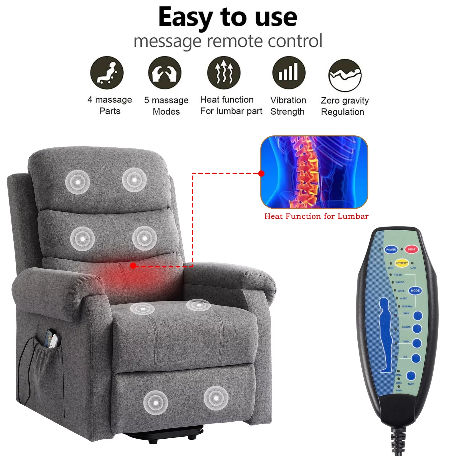IPKIG Power Lift Chairs Recliners for Elderly, Power Recliner Chair, Linen Fabric Heated Vibration Massage Recliner Chair Living Room Chair with USB Ports, Remote Control, 2 Side Pockets (Grey)