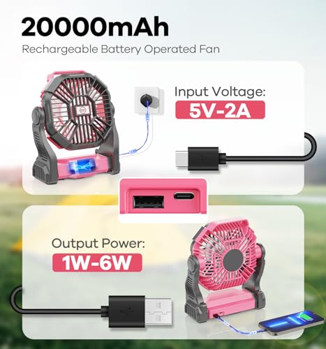 Camping Fan with LED Lantern, 20000mAh Portable Rechargeable Battery Powered Table Fan with Hook, Camping Gear for Picnic, Fishing, Car or Hurricane Power Outages (Black)