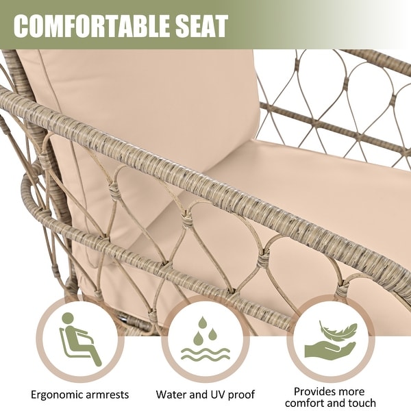 4Piece Wicker Patio Conversation Set with Beige Cushions,With Wood Tabletop