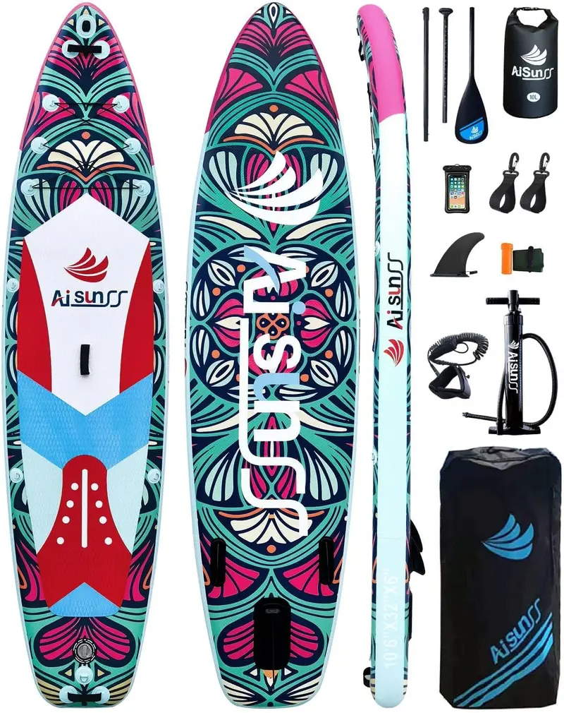 Wide-Deck Inflatable SUP Board Bundle – Includes Carry Bag, Hand Pump, Waterproof Dry Bag & Adjustable Paddle