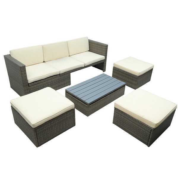 Roomfitters Patio Furniture Set,5Piece Wicker Sofa with Adjustable Backrest,Cushions,Ottomans,LiftTop Coffee Table