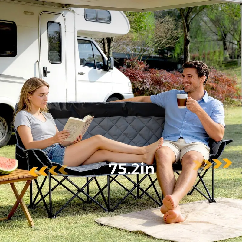 Triple-Seat Oversized Camping Loveseat – Folding 3-Person Padded Chair with Cup Holders & Carry Bag