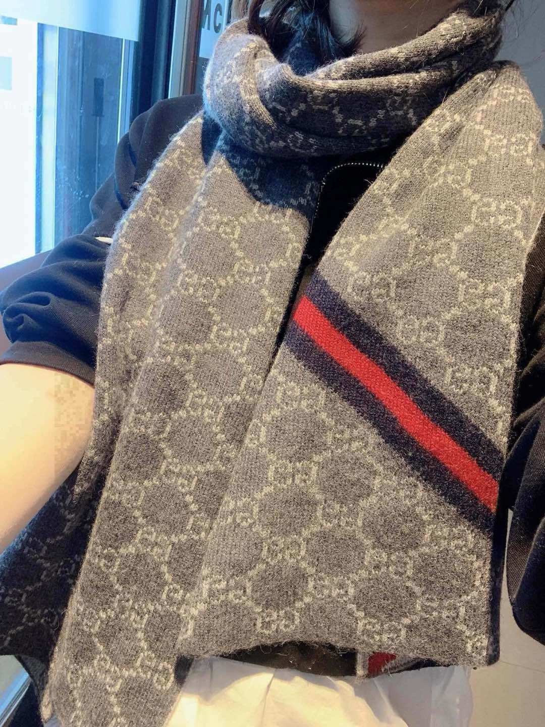 Gucci Cashmere Scarf GG Monogram Stripe Grey For Women 180cm