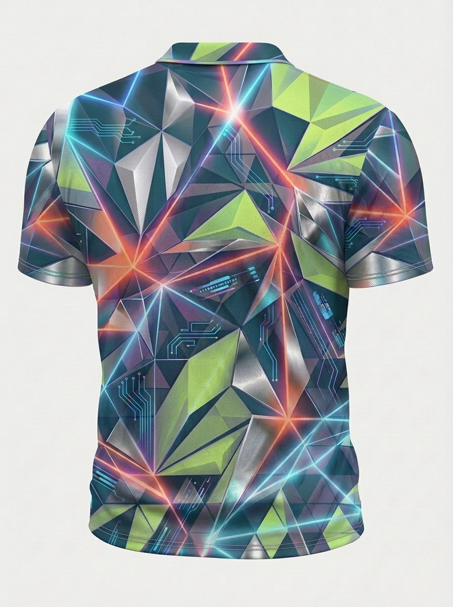 Moisture Wicking Golf Polo 3D Multicolor Neon Geometric Button Short Sleeve Golf Polo Shirt