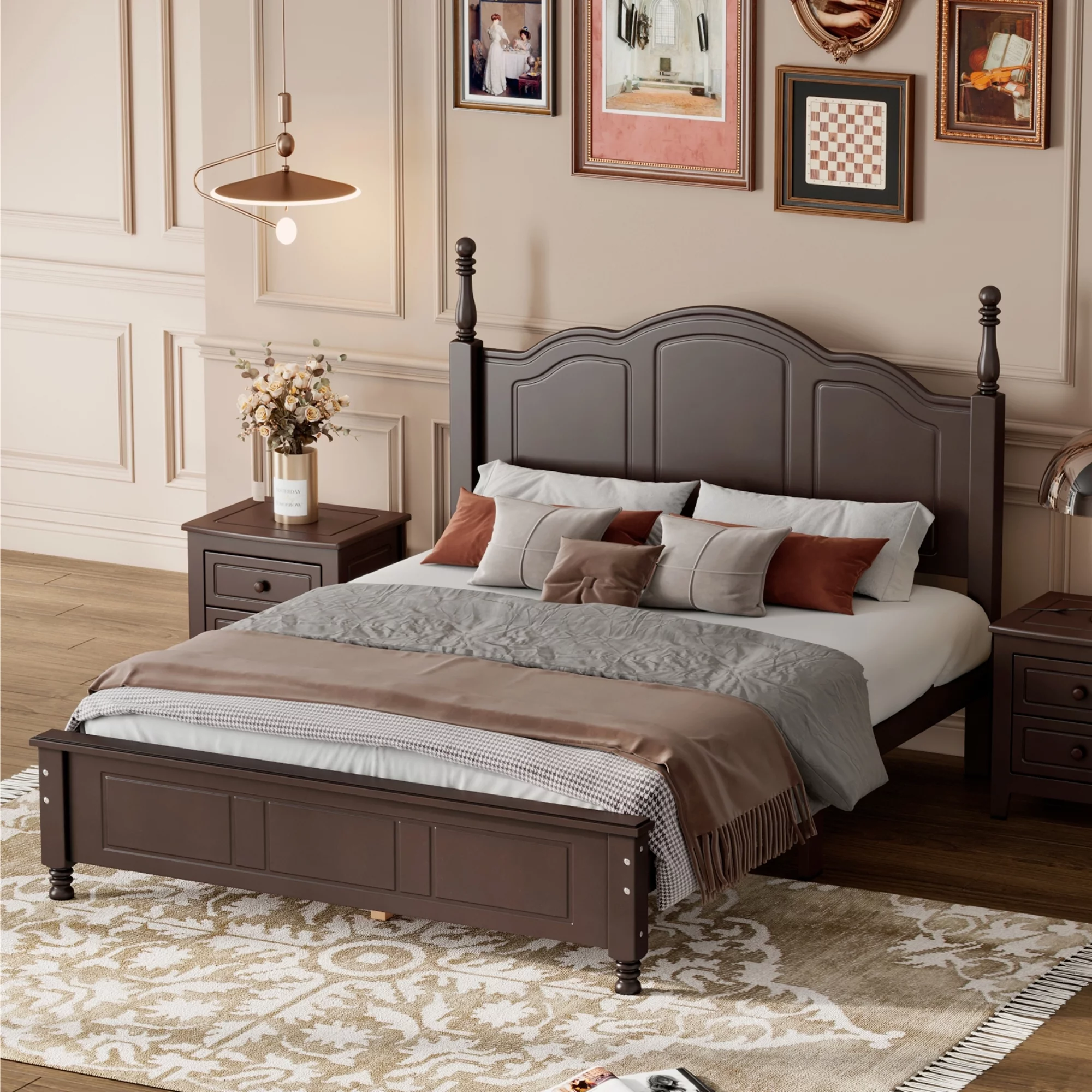 Momspeace Full Size Platform Bed, Retro Style Wooden Full Bed Frame Slat Support, Walnut