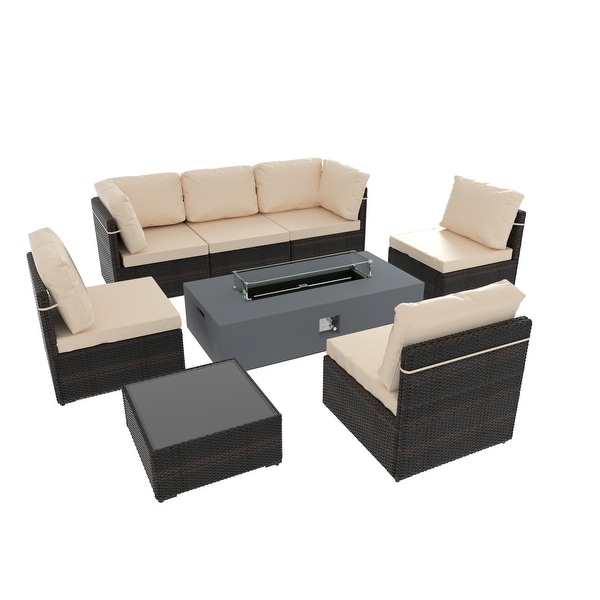 UPHA 8 Pieces Patio Furniture Set with Gas Propane Concrete Fire Pit Table,Outdoor Sectional Sofa Set