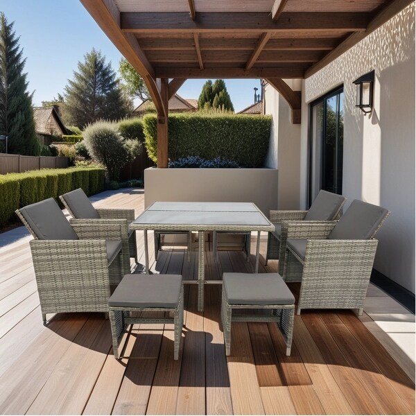 9 Pieces Space Saving Rattan Chairs with Glass Table Sets Cushioned Seating and Back Sectional Conversation Set