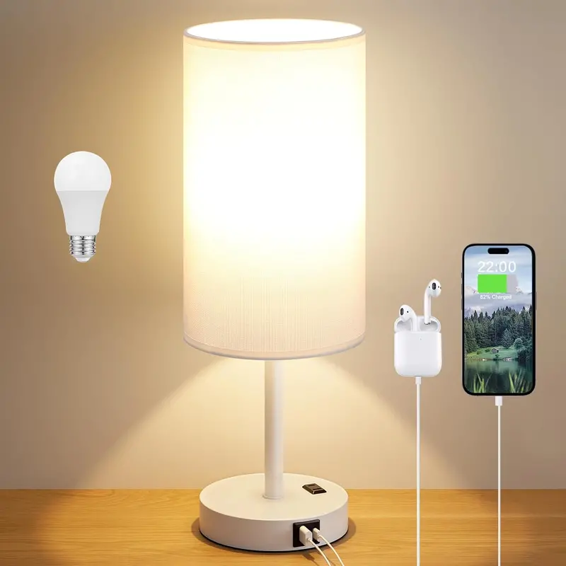 Touch-Control Bedside Lamp – USB-Enabled Wooden Base, 3-Step Dimming & Built-in LED