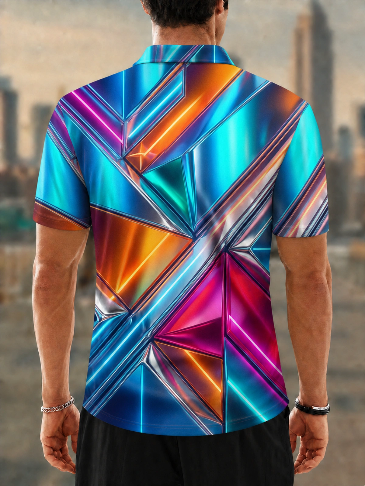 Moisture Wicking Golf Polo 3D Metallic Neon Triangle Geometric Button Short Sleeve Golf Polo Shirt